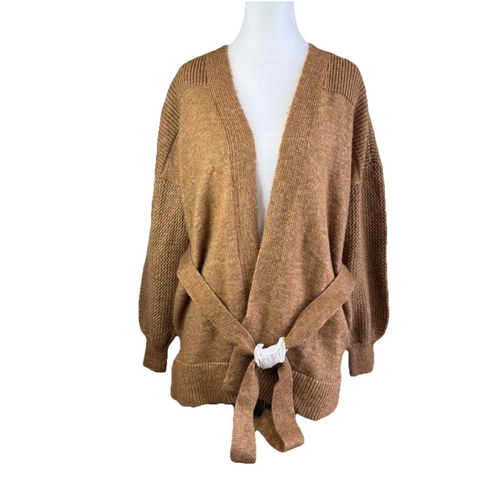 Nine West Cardigan Size M Petite Brown Tan Mesh Long Sleeve Knit Belted Sweater